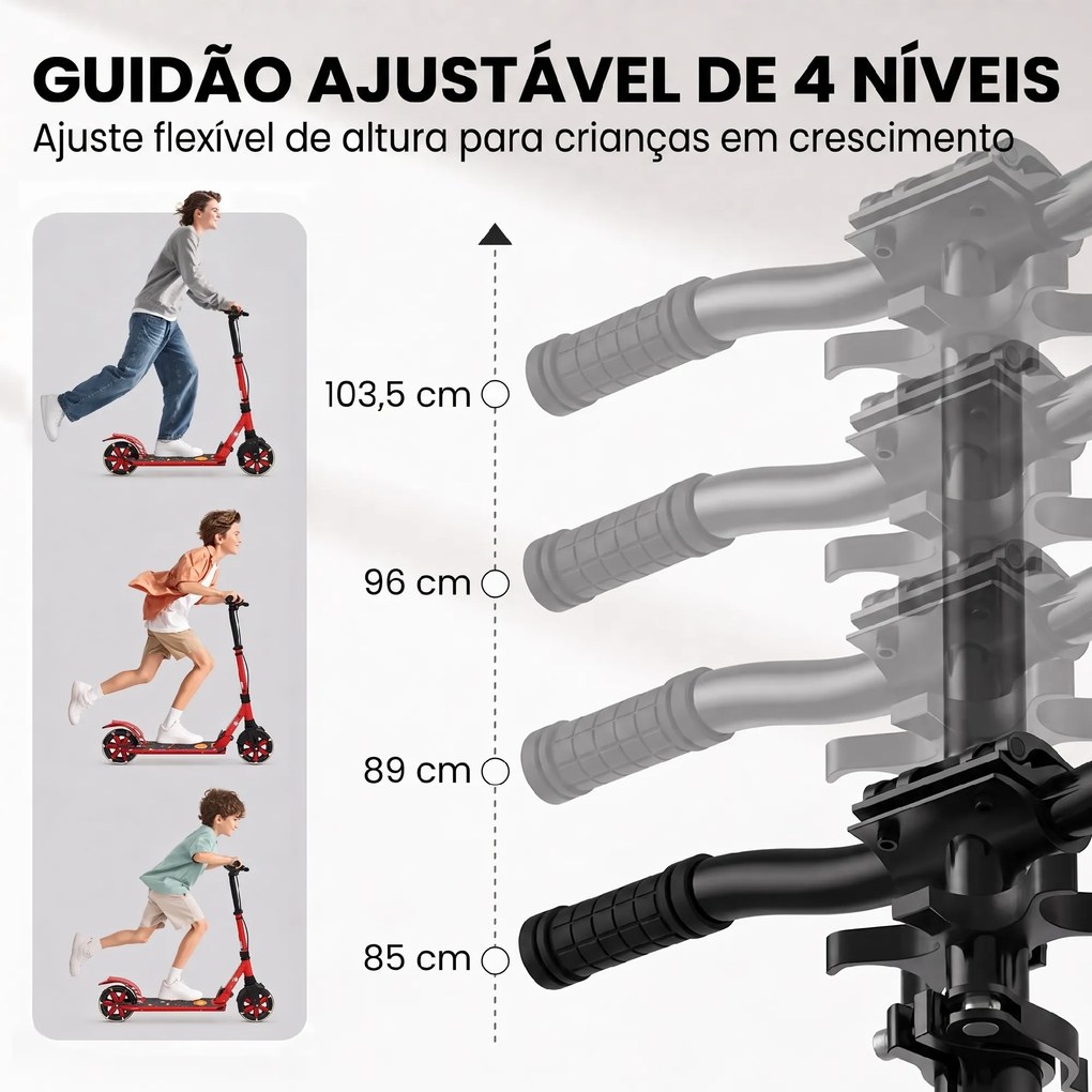 Trotinete Dobrável para Adolescentes e Adultos Rodas Luminosas Guiador Ajustável Travão Duplo Amortecimento Vermelho