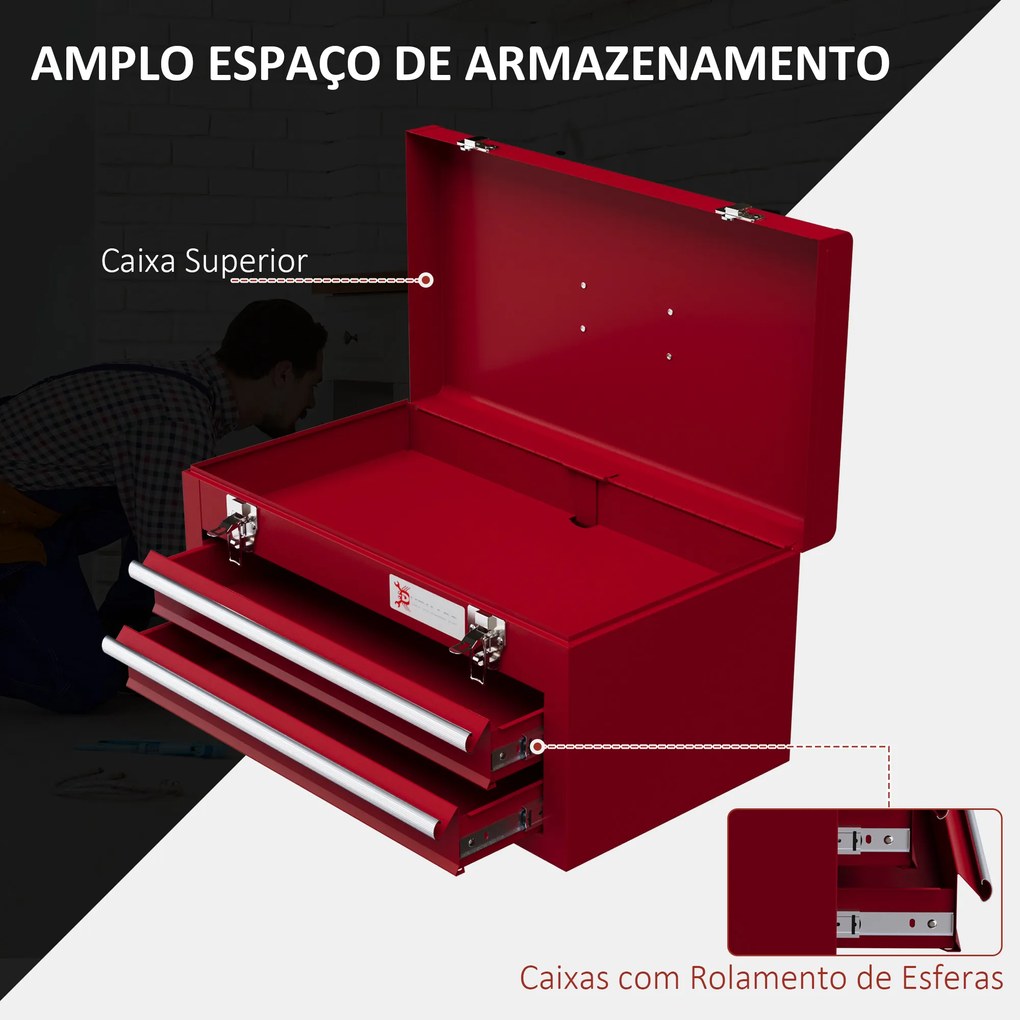 Caixa de Ferramentas de Aço com 2 Gavetas Fechaduras Metálicas Mala de Ferramentas Portátil 46x24x22 cm Vermelho