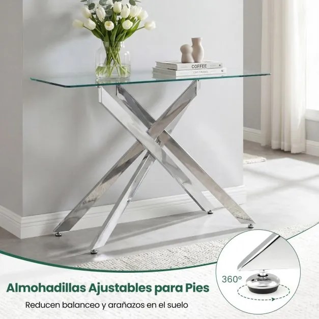 Mesa Consolal 115 x 45 x 78 cm com Tampo Temperado e Pernas de Metal para Sala ou Hall Entrada Prateada