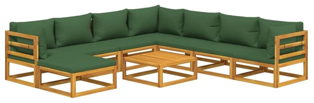9 pcs conj. lounge jardim madeira c/almofadões verdes