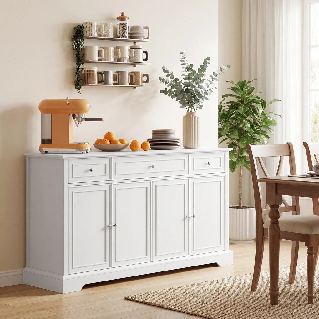 Aparador de sala 136 L x 38 P x 80 A cm, móvel de arrumação com 3 gavetas, 4 portas com fecho suave e prateleiras ajustáveis, branco