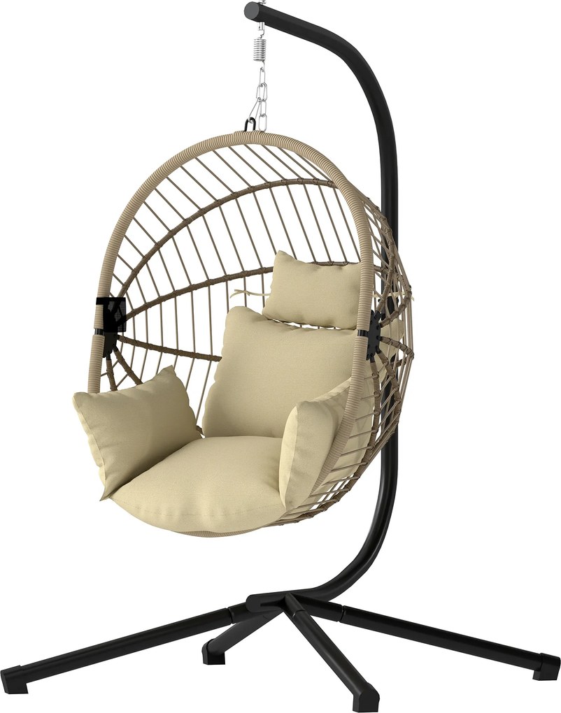 Outsunny Poltrona Ovo Suspensa, Cadeira Rede Balanço Interior e Exterior, Cesto Dobrável, Almofada Acolchoada, Caqui | Aosom Portugal