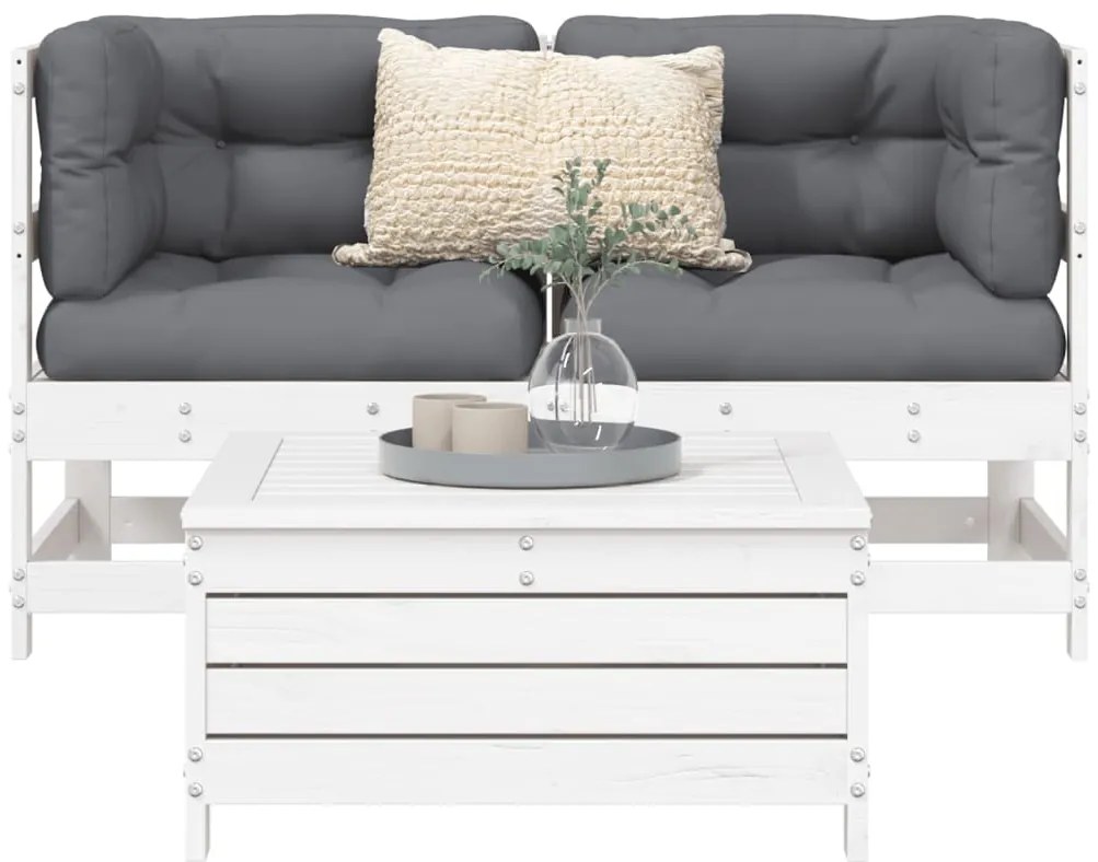 3 pcs conjunto sofás de jardim madeira de pinho maciça branco
