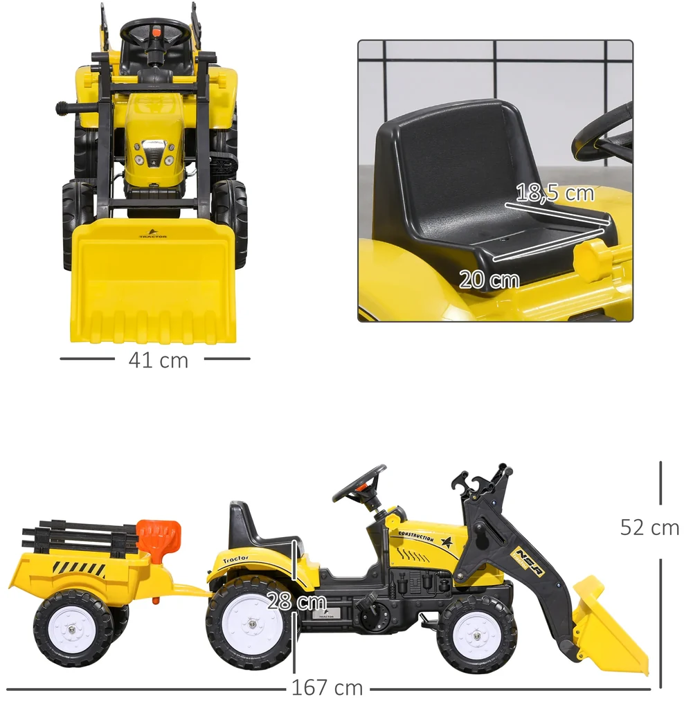 HOMCOM Trator a Pedais para Crianças acima de 3 Anos Trator Infantil com  Reboque e Pá Escavadora 167x41x52 cm Amarelo e Preto