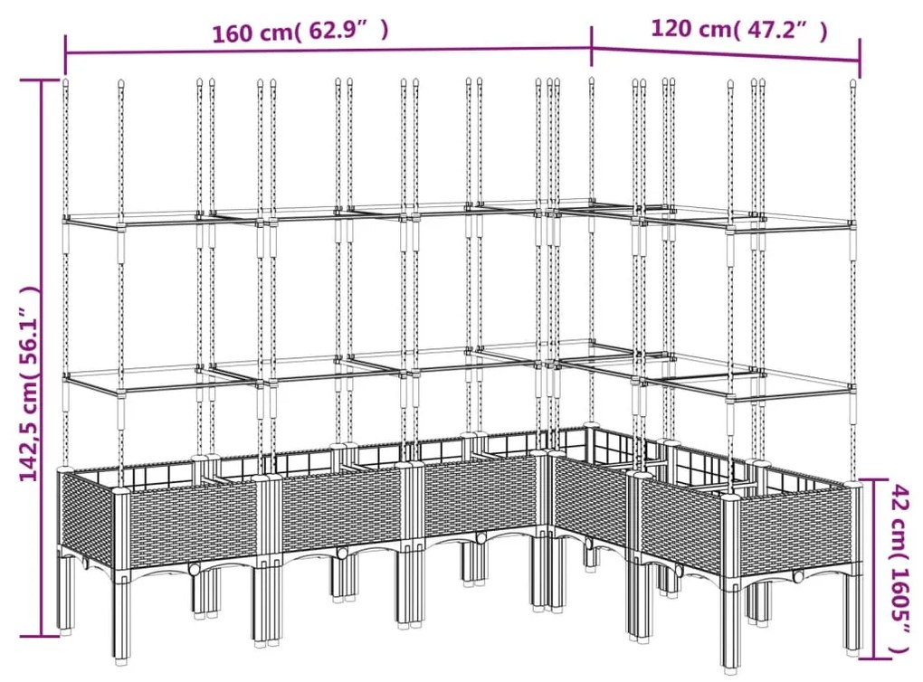 Vaso/floreira de jardim c/ treliça 160x120x142,5 cm PP preto