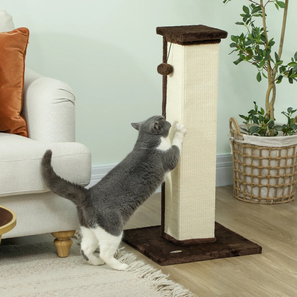 Poste Arranhador para Gatos Altura 81 cm Arranhador para Gatos com Poste de Sisal e Bola Suspensa 41x41x81 cm castanho