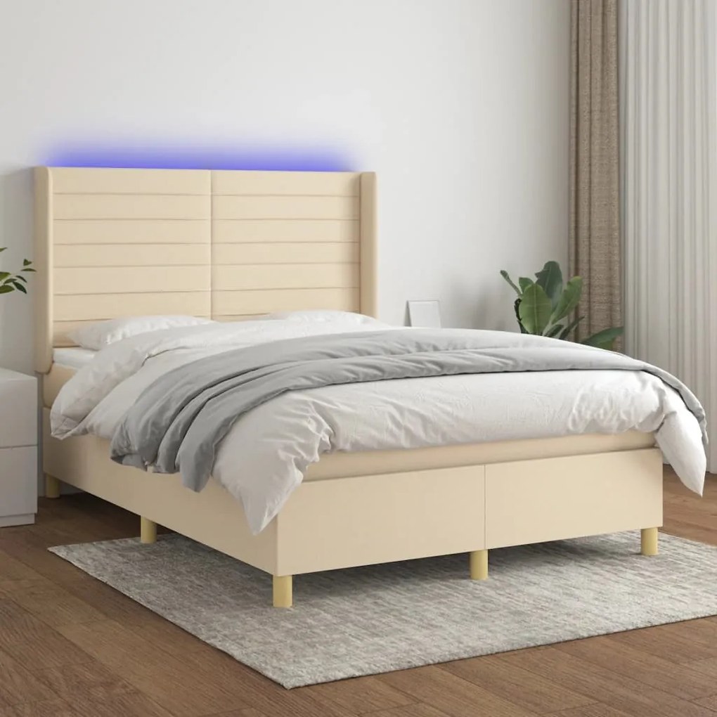 Cama box spring c/ colchão e LED 140x200 cm tecido cor creme