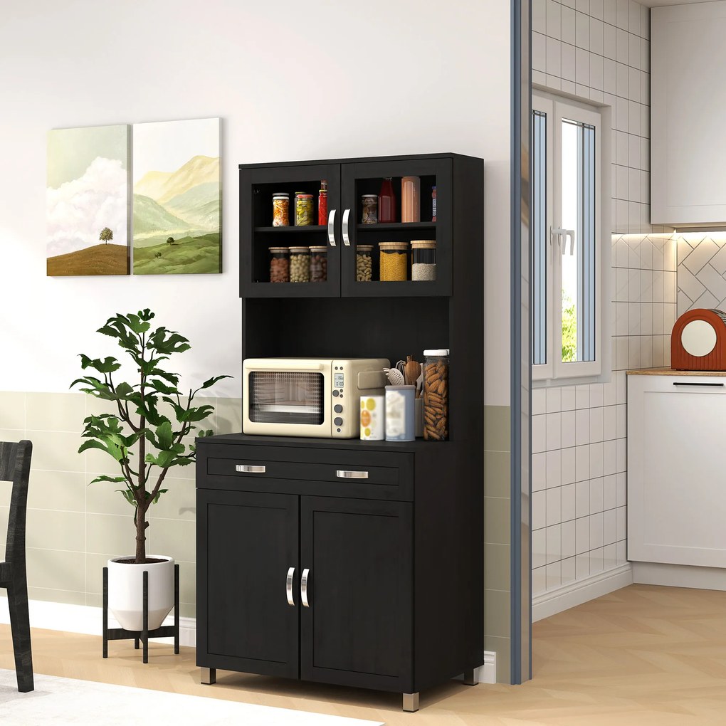 Armário de cozinha 80 x 48 x 170 cm, com 4 portas, gaveta, bancada, prateleiras ajustáveis, preto