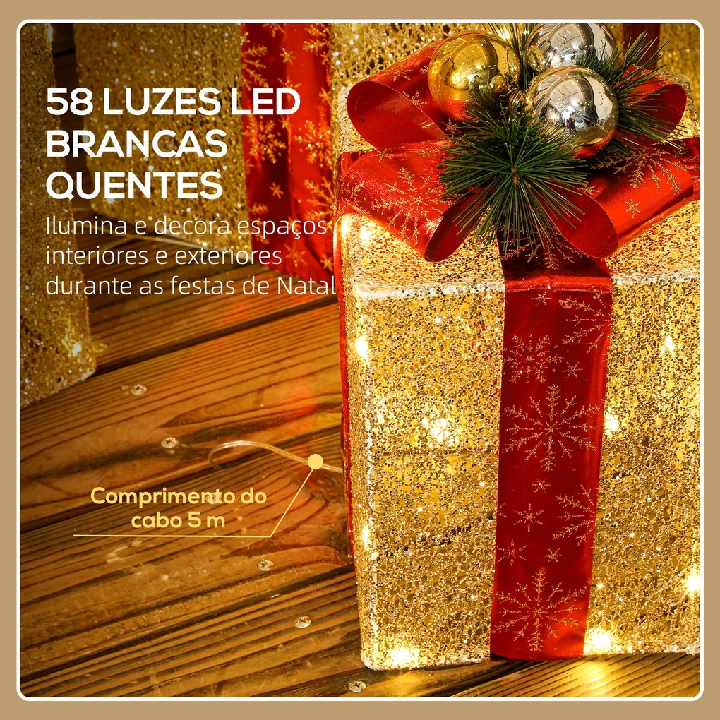 Conjunto de 3 Caixas de Presente de Natal com 58 LEDs Branco Quente Enfeites Luminosos para a Árvore de Natal Dourado
