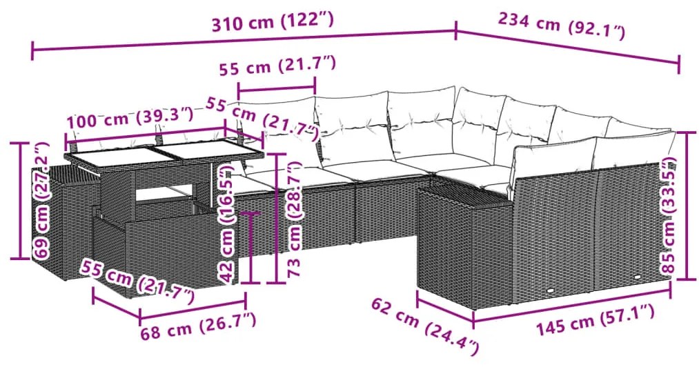 10 pcs conjunto sofás de jardim c/ almofadões vime PE preto