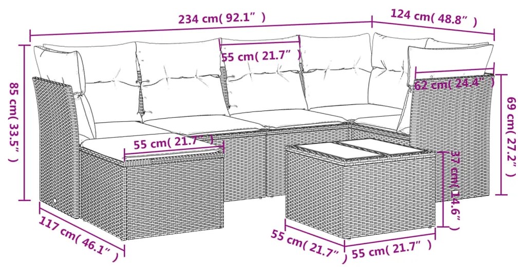 7 pcs conj. sofás jardim com almofadões vime PE cinzento-claro