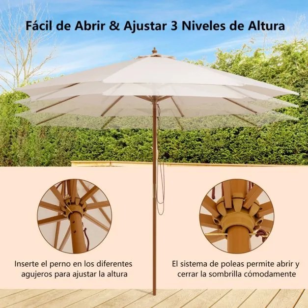 Guarda-sol de madeira para Jardim regulável em altura com 8 hastes de bambu Haste amovível e teto ventilado 3 x 3 m Bege