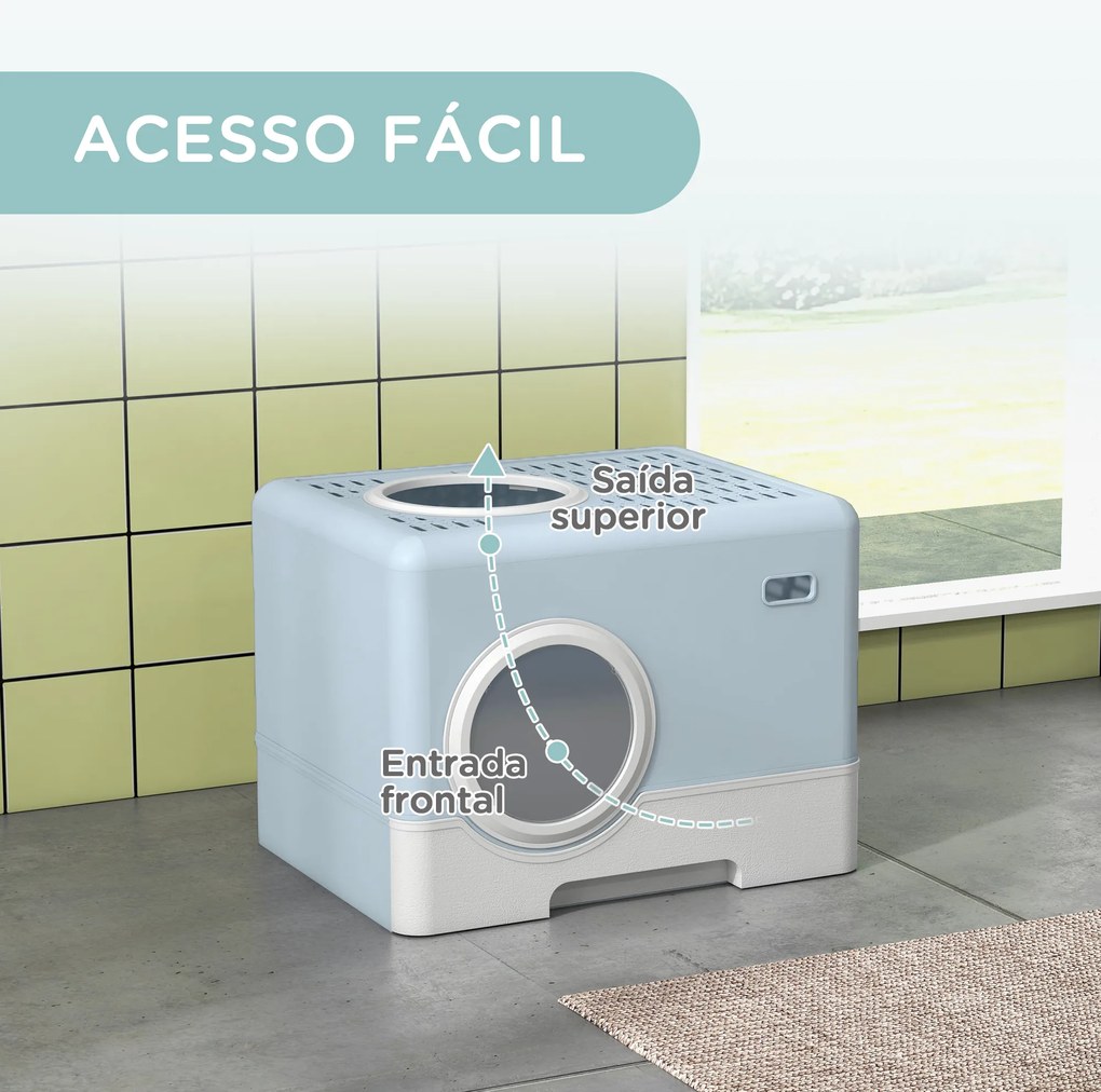 Caixa de Areia para Gatos com Pá Bandeja Removível 2 Portas Entrada Frontal e Saída Superior 52x41x38,5 cm Azul Claro