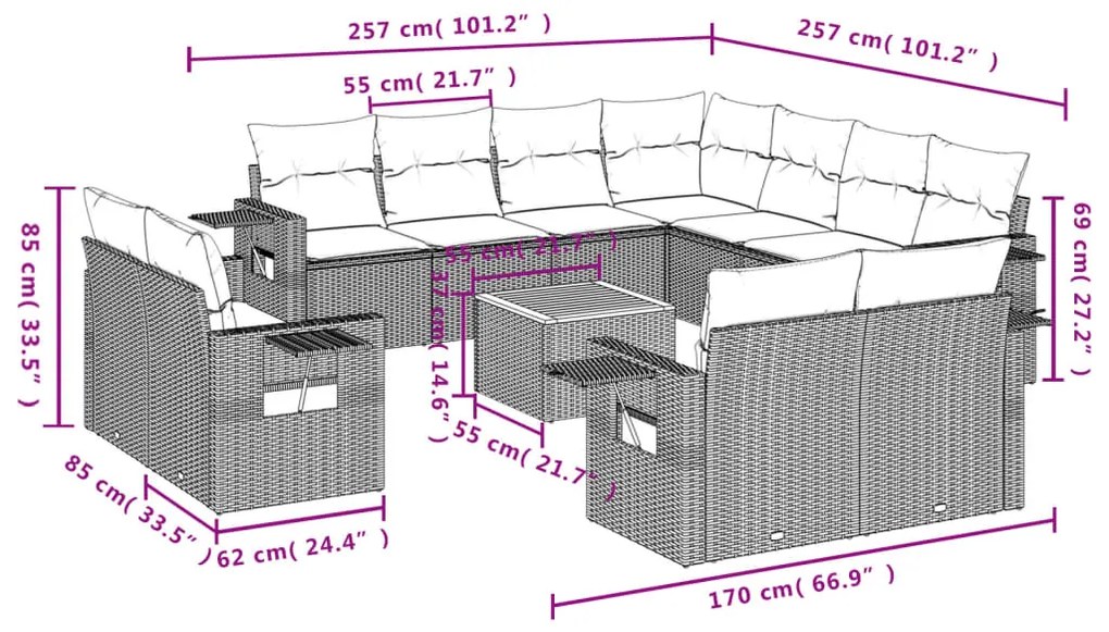 12 pcs conjunto de sofás p/ jardim com almofadões vime PE bege