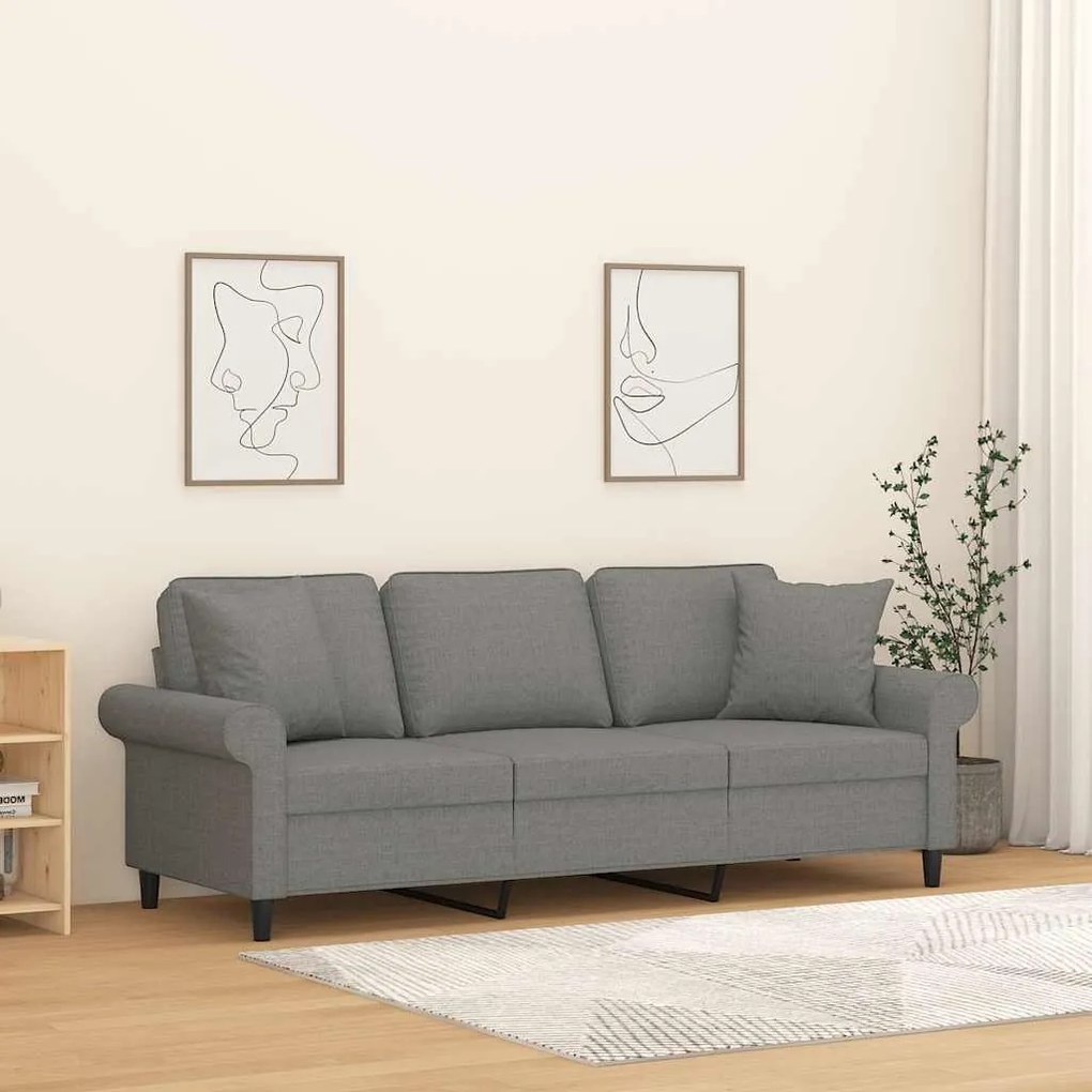 vidaXL Sofá 3 lugares + almofadas/almofadões 180cm tecido cinza-escuro