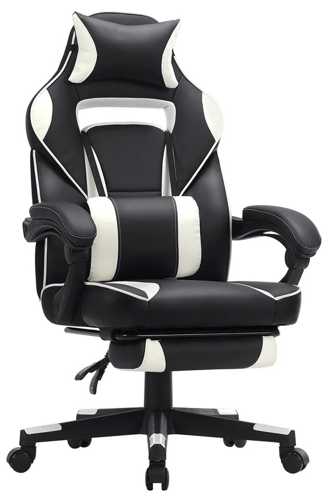 Cadeira gamer SONGMICS Racing, cadeira de escritório ajustável com apoio para os pés, design ergonômico, mecanismo de inclinação, apoio de cabeça, suporte lombar, capacidade de peso de 150 kg, preta e branca OBG73BW