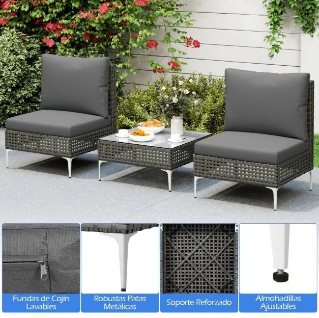 Conjunto de móveis de jardim em vime de 3 peças com 2 cadeiras e 1 mesa de centro em vidro temperado cinzento