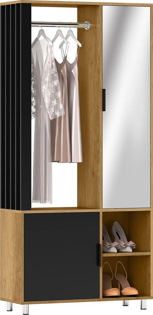 Guarda Roupa de quarto com espelho, compartimentos abertos, armário embutido e barra para pendurar roupa, 80 x 30 x 170 cm, cor madeira natural, preto