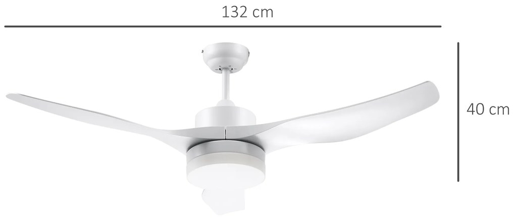HOMCOM Ventoinha de Teto 20,5W Diâmetro 132cm com Controle Remoto Luz LED Ajustável em 3 Níveis 3 Lâminas Reversíveis 6 Velocidades e Temporizador para Dormitório Sala de Estar Branco