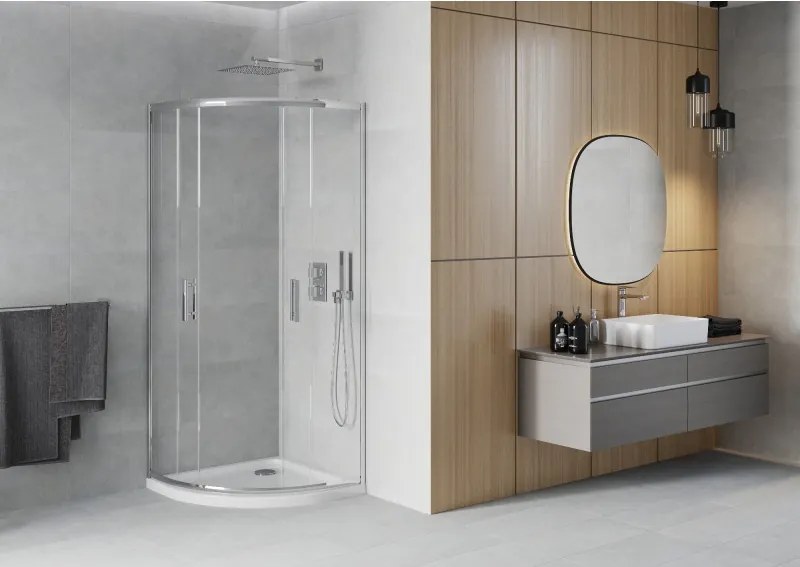 Mexen Rio cabine de duche semicircular 90 x 90 cm, transparente, cromado + base de duche Flat, branco - 863-090-090-01-00-4110