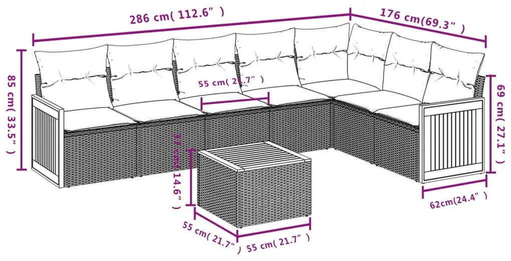 8 pcs conjunto de sofás p/ jardim com almofadões vime PE bege