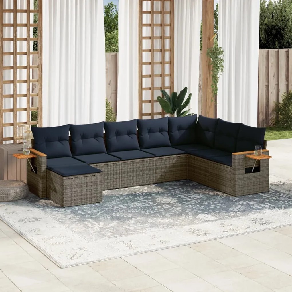8 pcs conjunto sofás p/ jardim c/ almofadões vime PE cinzento