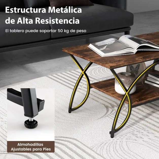 Mesa de centro moderna 2 níveis Estrutura metálica para sala de estar 100 x 50 x 45 cm castanho