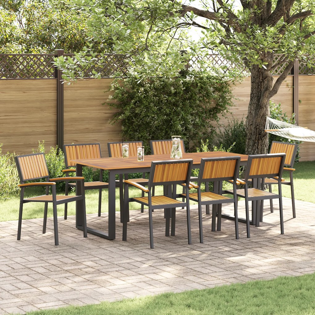 vidaXL Cadeiras de Jardim Empilháveis 8 pcs Preto Aço e Madeira Acácia Sólida