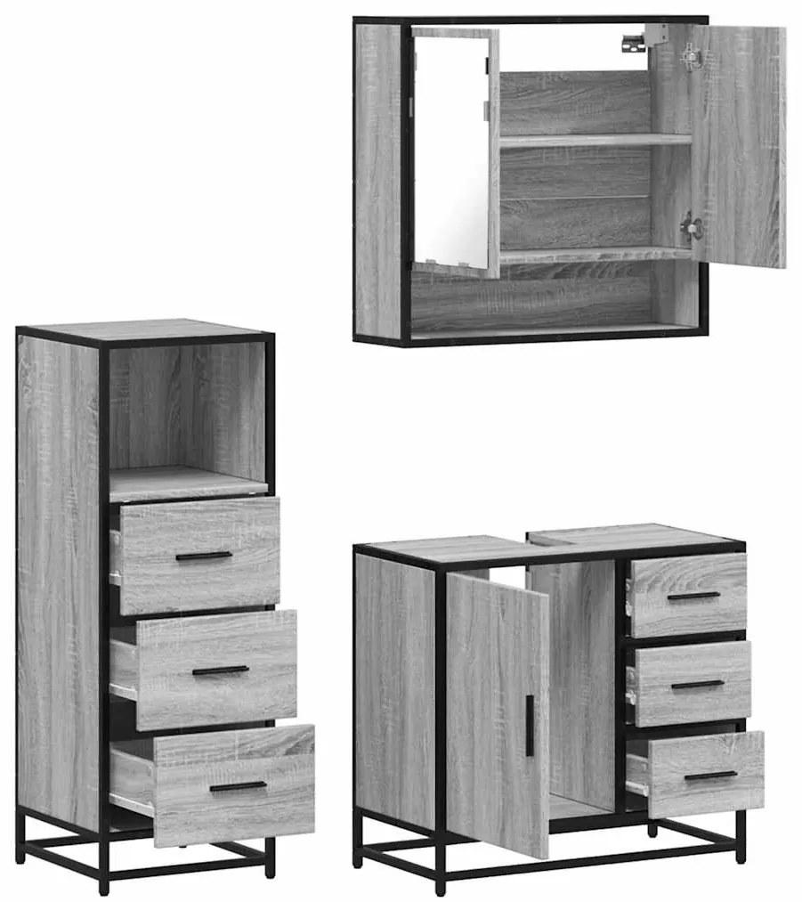 3 pcs Conjunto móveis casa de banho madeira proc. cinza sonoma