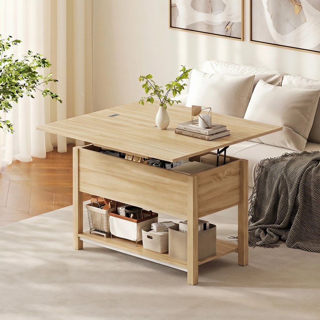 Mesa de centro elevável e extensível, com compartimento oculto e prateleira aberta, 100 x 45 x 50,5 cm, em cor madeira natural