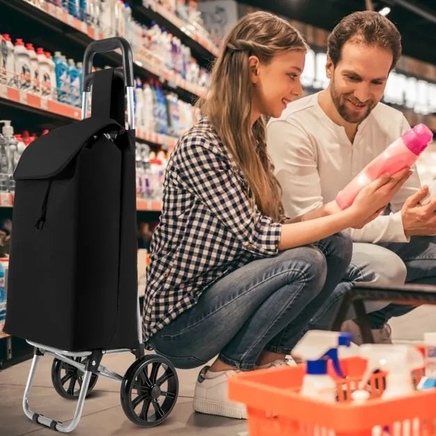 Carrinho de compras dobrável com rodas 34 x 28 x 90 cm, bolsa impermeável removível, leve, para piqueniques e acampamentos, praia preto
