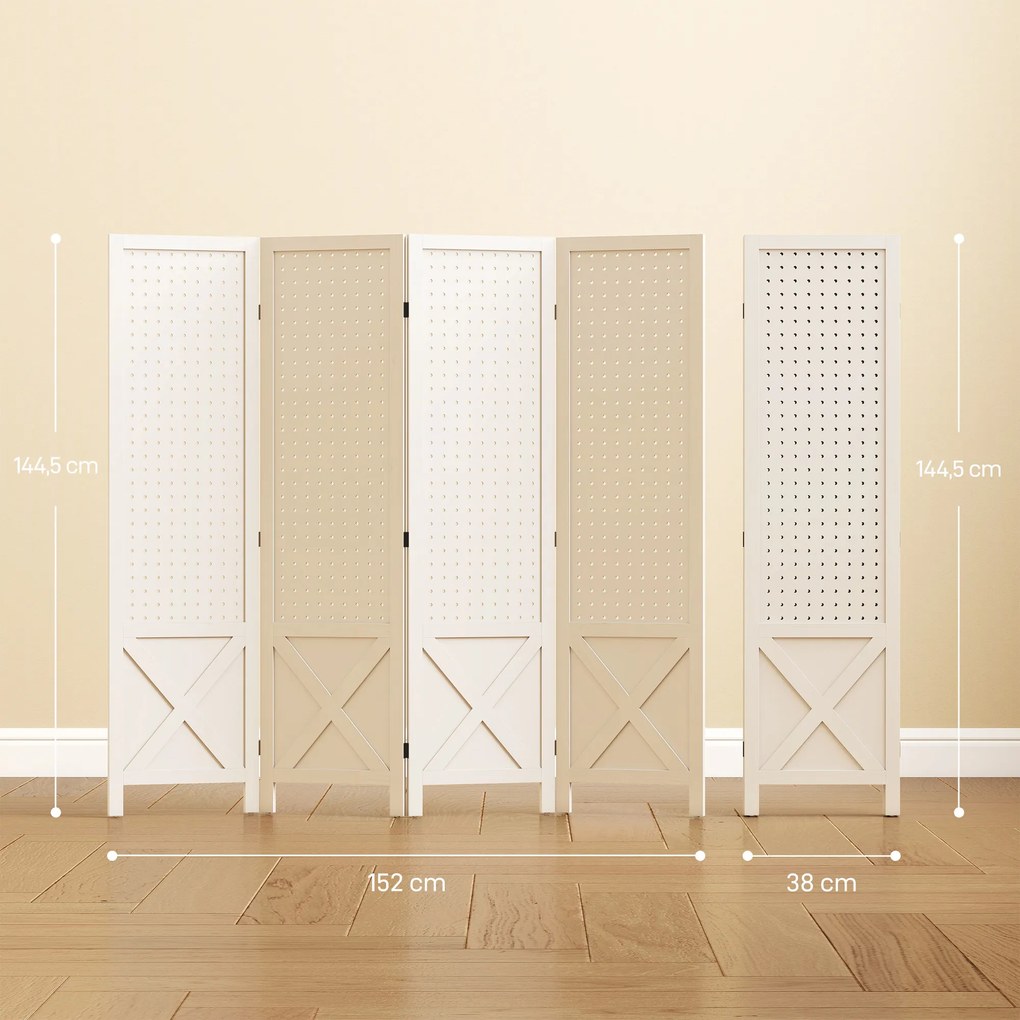 Biombo de interior em madeira, com 4 painéis, divisória dobrável, painel perfurado, 152 x 1,7 x 144,5 cm, branco