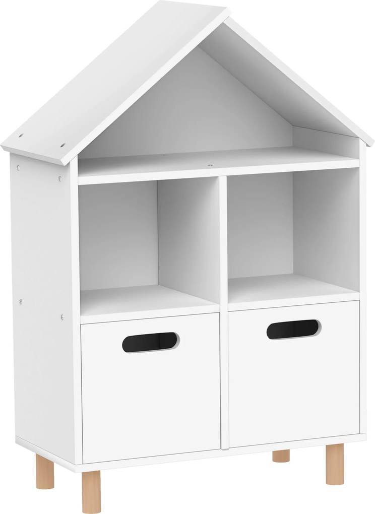AIYAPLAY Estante para Livros Infantil de 3 Níveis em Forma de Casa com 3 Prateleiras e 2 Armários, para Crianças dos 3 aos 8 Anos, Branco | Aosom Portugal