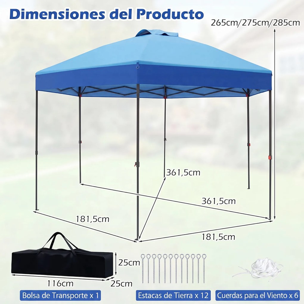 Tenda Dobrável de Jardim Hexagonal, 361,5 x 361,5 x 265 cm, Altura Regulável, Azul