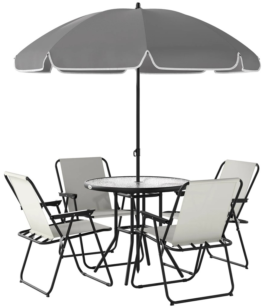 Outsunny Conjunto de Jardim de Mesa e Cadeiras de 6 peças com 4 Cadeiras Dobráveis Mesa de Vidro e Chapéu de Sol Ø80x70 cm Creme | Aosom Portugal