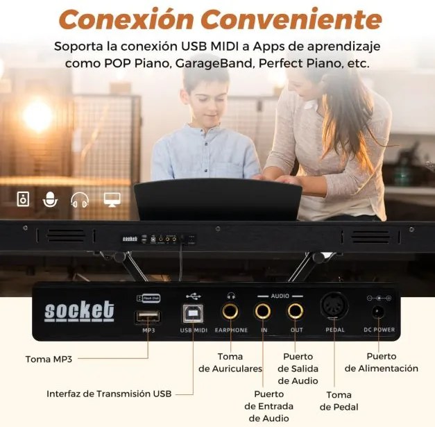 Piano digital de 88 teclas tamanho real com teclas semi-contrapesadas, altifalantes duplos, modo de teclado duplo e 3 pedais, suporte ajustável para p