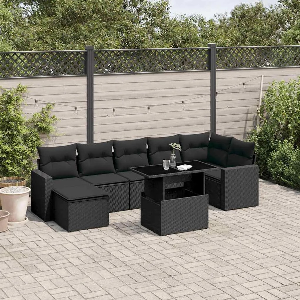 vidaXL 8 pcs conjunto sofás de jardim com almofadões vime PE preto