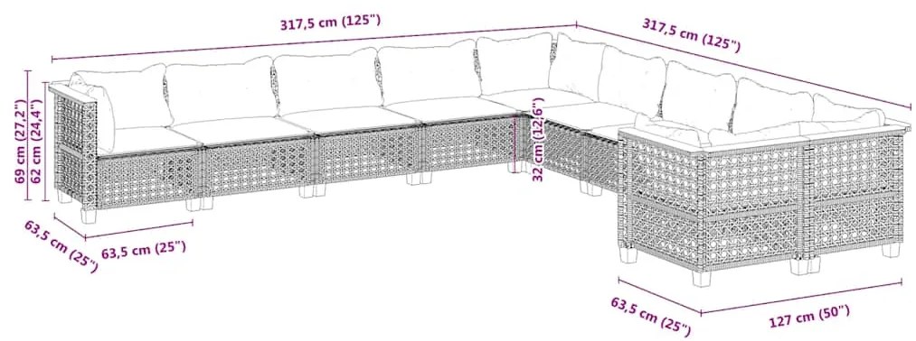 10 pcs conjunto de sofás p/ jardim com almofadões vime PE bege