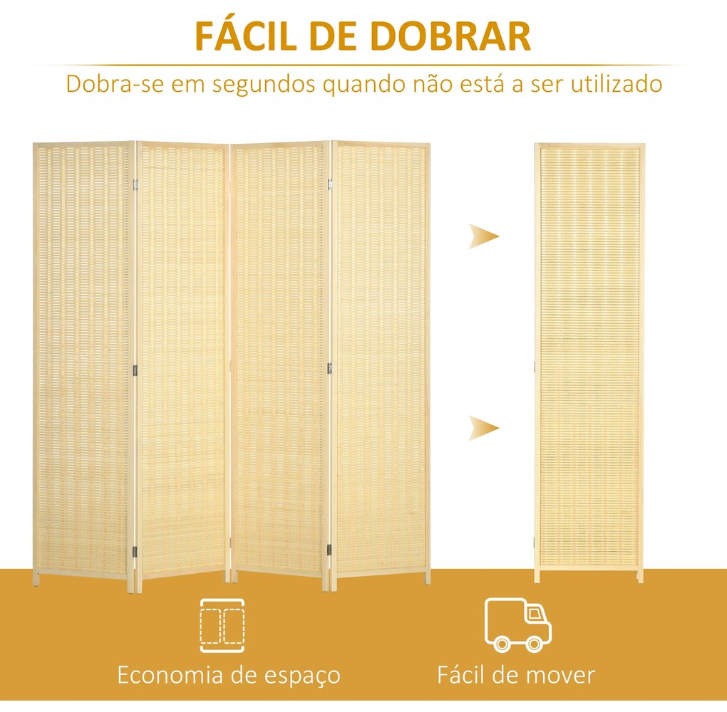 Biombo de 4 Painéis Dobrável 180x180 cm Separador de Ambientes Tecido a Mão de Bambu e Fio de Algodão 180x180 cm Madeira