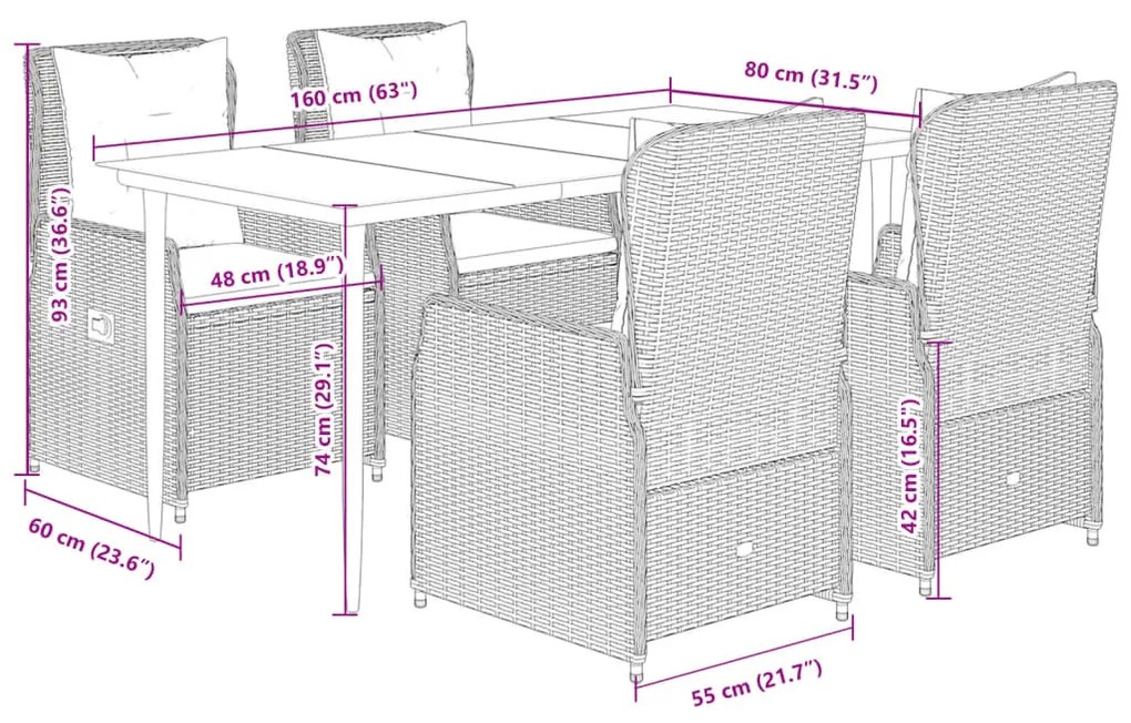 5 pcs conjunto de jantar p/ jardim com almofadões vime PE bege