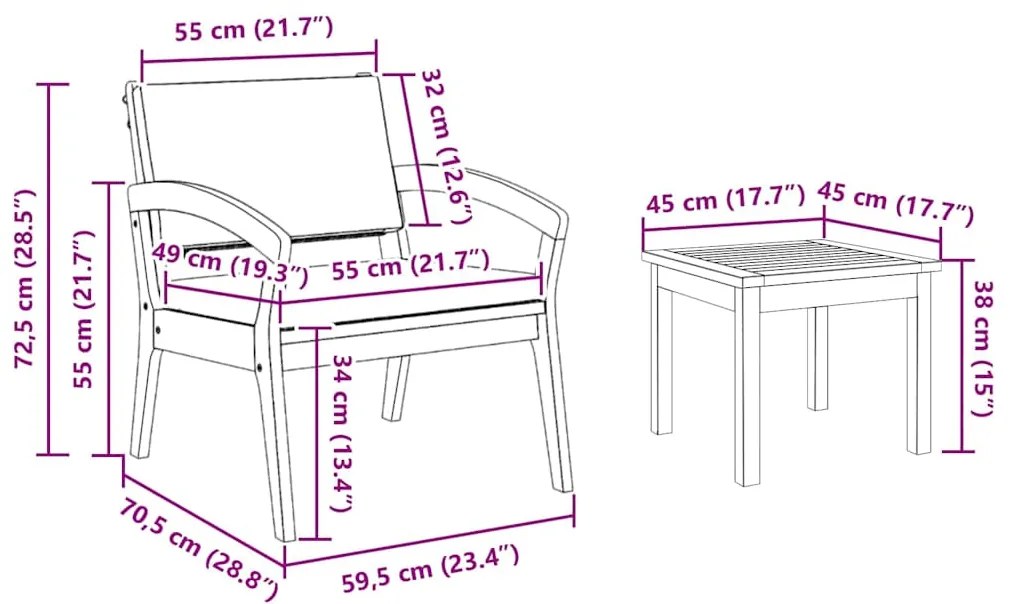 Conjunto de Bistro de 3 Peças da com Almofadas - Feito de Madeira de A