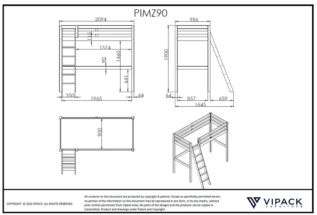 Cama alta de Criança PINO 90 x 200 cm + estrado + escada Branca