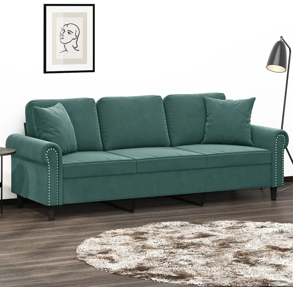 Sofá 3 lug. c/ almofadas decorativas 180 cm veludo verde-escuro