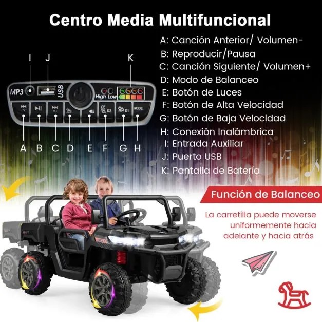 Carro elétrico infantil de 2 lugares com basculante Controlo remoto Ligação sem fios Música USB 119 x 68 x 65 cm Preto