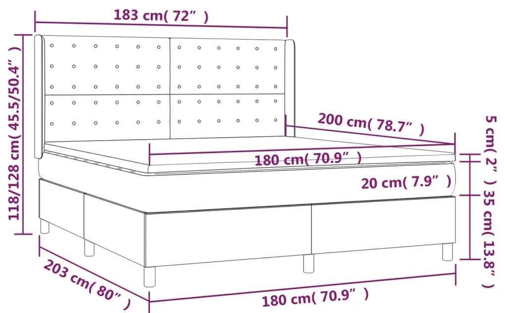 Cama box spring c/ colchão/LED 180x200 cm veludo cinzento-claro