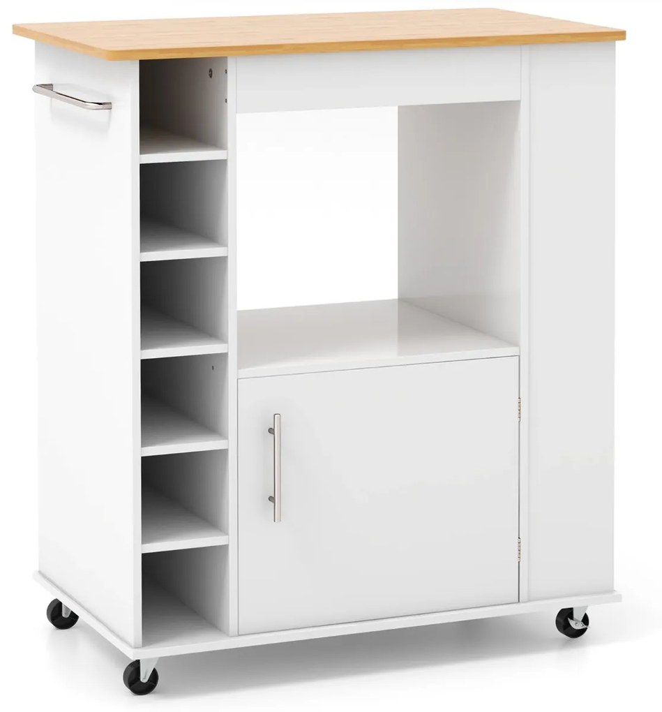 Carrinho de cozinha com rodas, toalheiro e tampa de bambu para sala de jantar e bar Estante para 6 garrafas de vinho 76 x 44 x 89 cm Branco