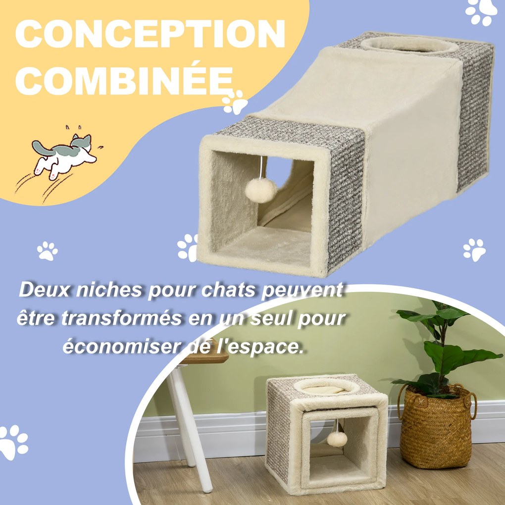 Túnel para gatos de interior, brinquedos para gatos com bola suspensa e várias entradas, em sisal, 98 x 30 x 30 cm, cor creme