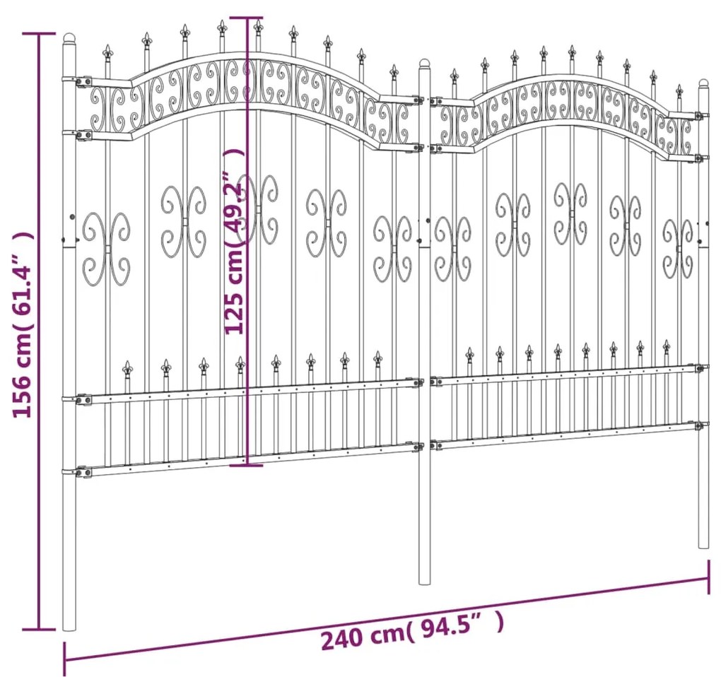 Cerca jardim c/ topo em lanças 165 cm aço revestido a pó preto