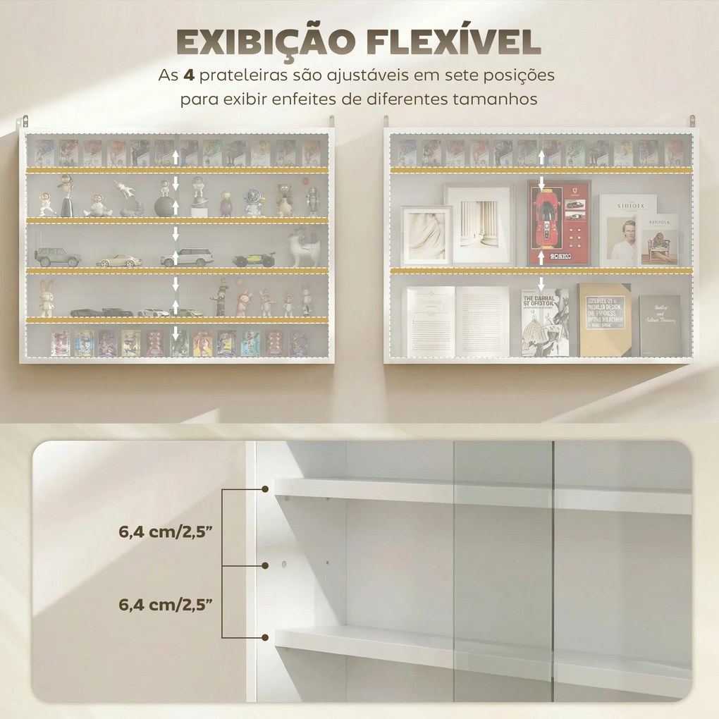 Vitrine de Parede com Prateleiras Ajustáveis e 2 Portas Corredeiras de Vidro para Coleções 80x9,5x60 cm Branco