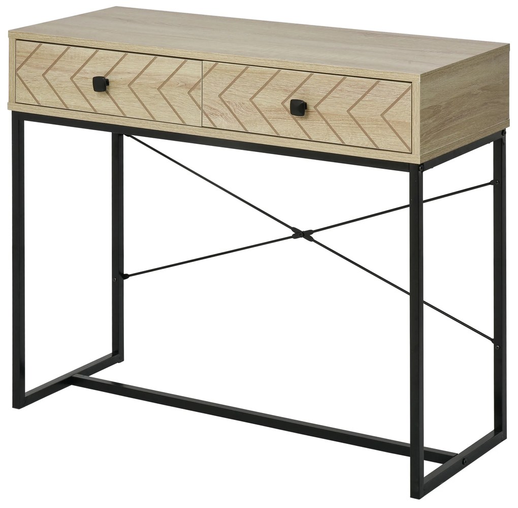 HOMCOM Mesa Consola 90x35x76cm Mesa de Entrada com 2 Gavetas de Armazenamento Decorativos e Estrutura de Metal para Entrada Corredor Sala de Estar Natural